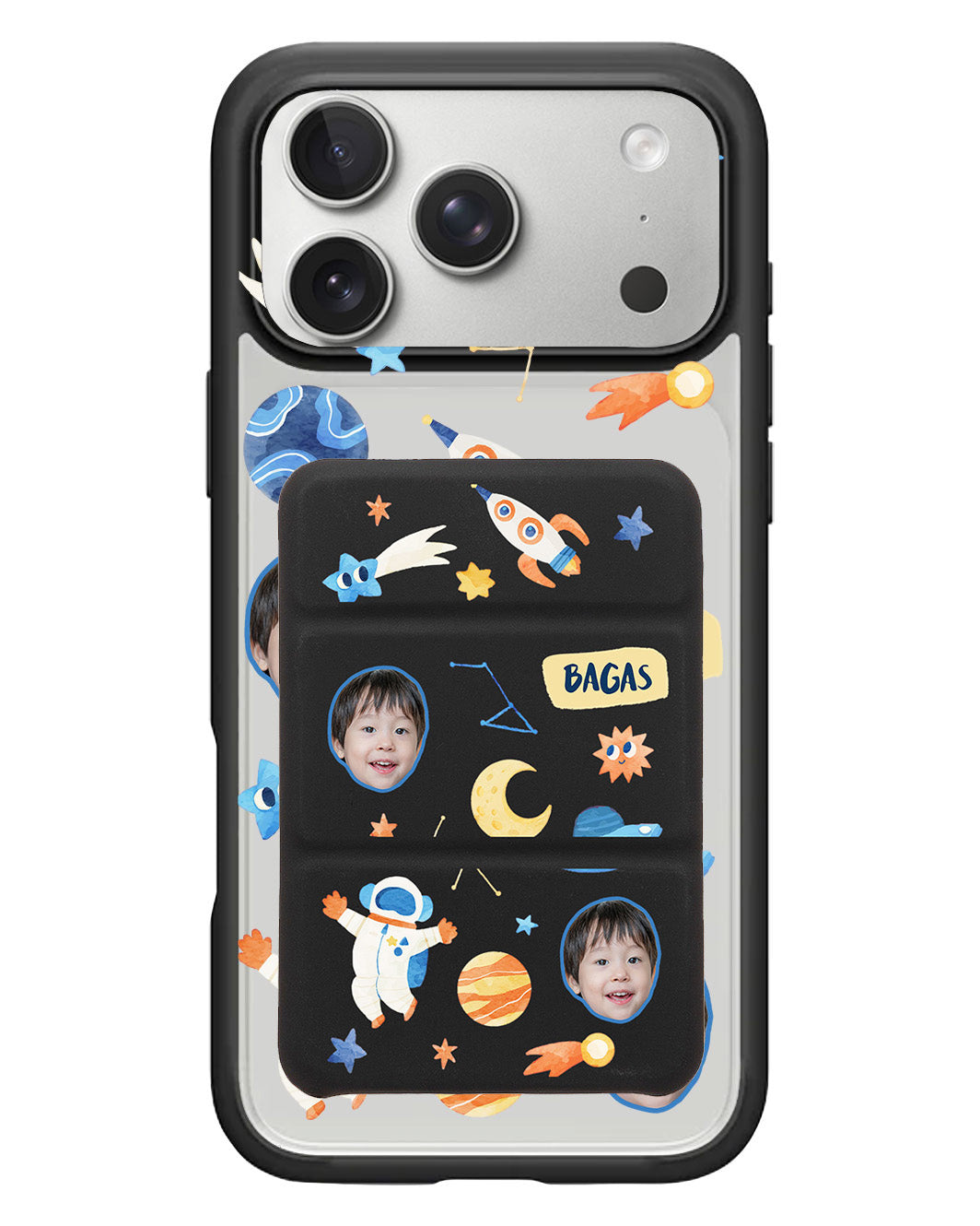 iPhone Magnetic Trifold Wallet Case - Face Grid Astronauts