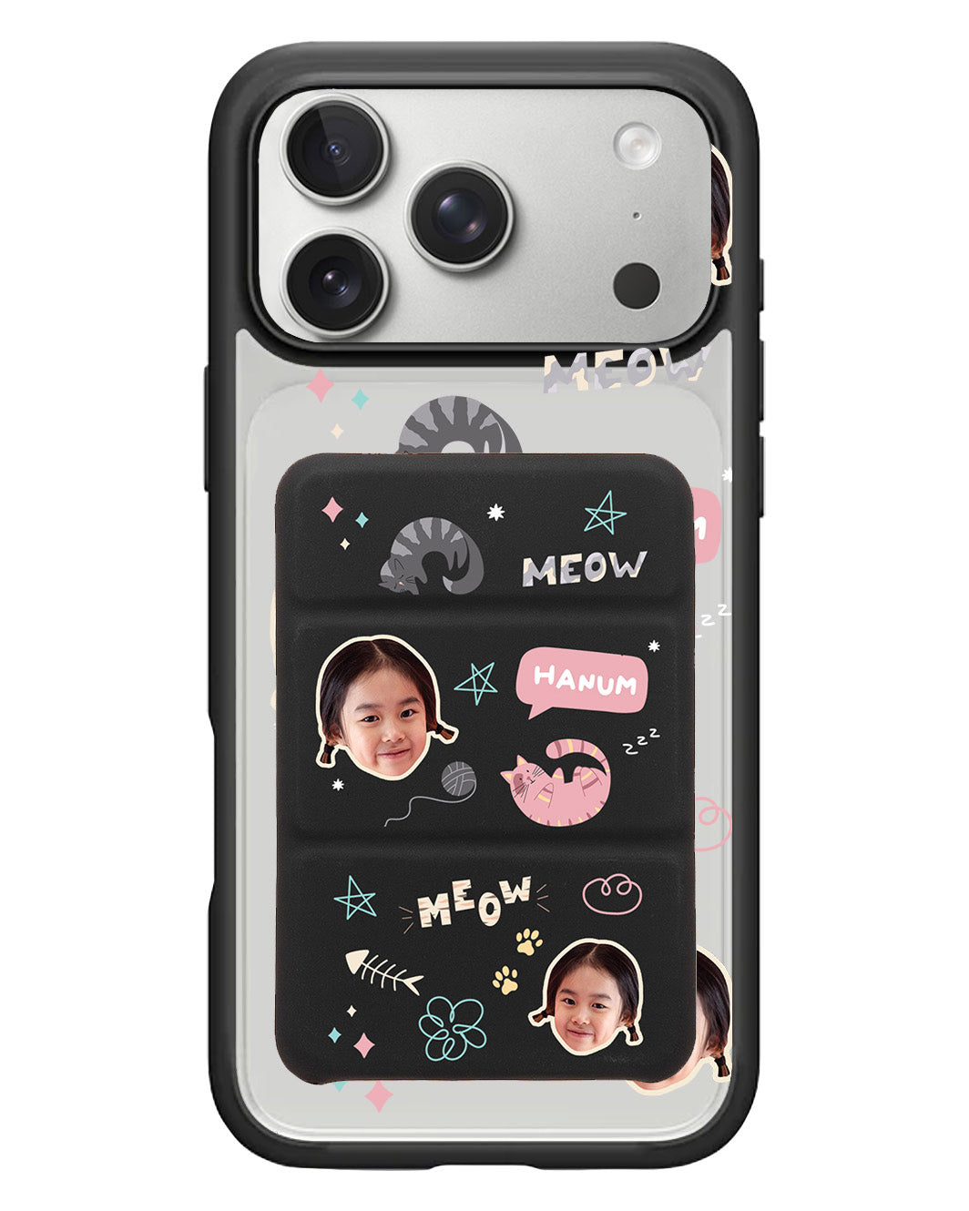iPhone Magnetic Trifold Wallet Case - Face Grid Kitty