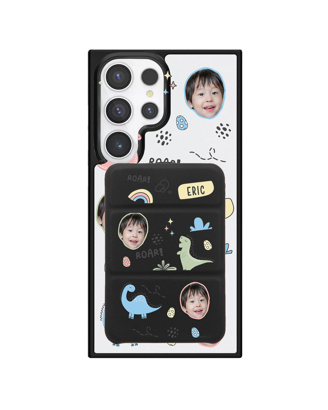 Android Magnetic Trifold Wallet Case - Face Grid Dino
