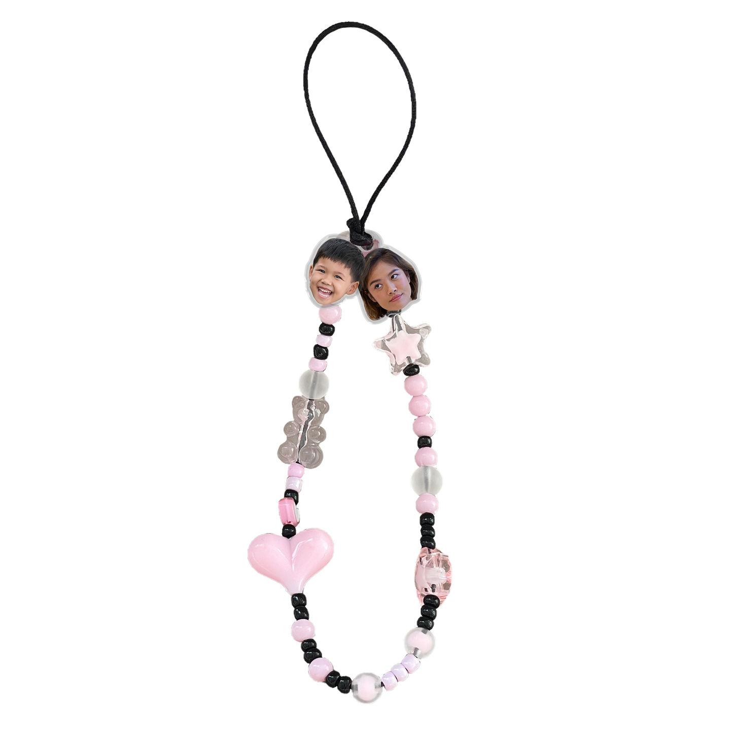 Beaded Strap with Acrylic Charm - Face Grid Black Pink