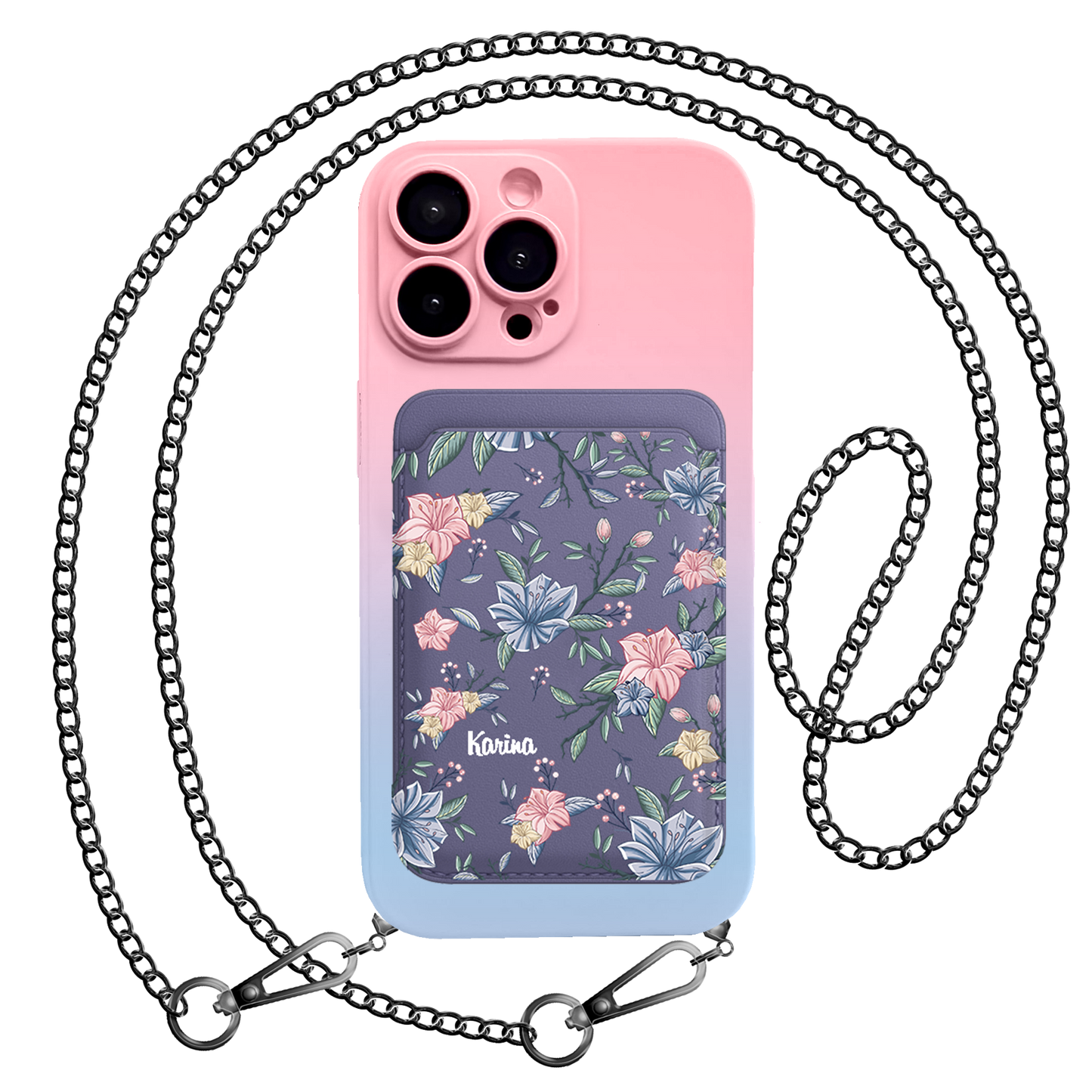 iPhone Magnetic Wallet Silicone Case - Pink&Blue Florals