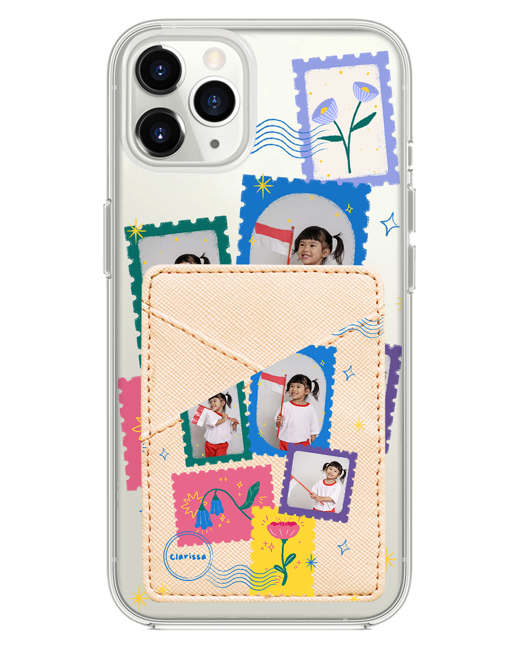 iPhone Phone Wallet Case - Floral Stamps Face Grid