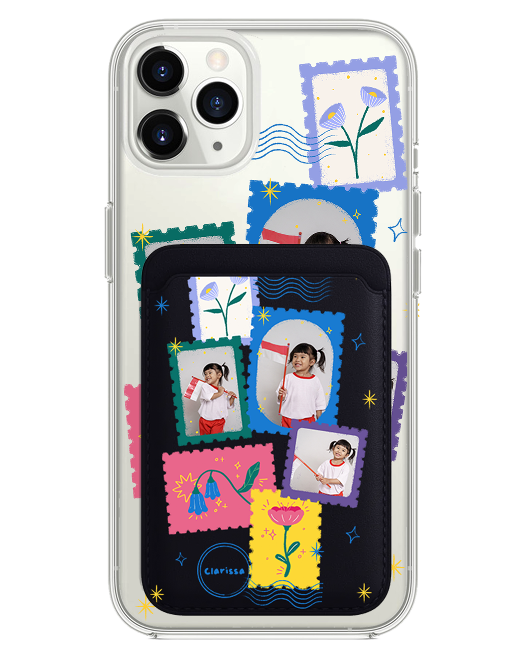 iPhone Magnetic Wallet Case - Floral Stamps Face Grid