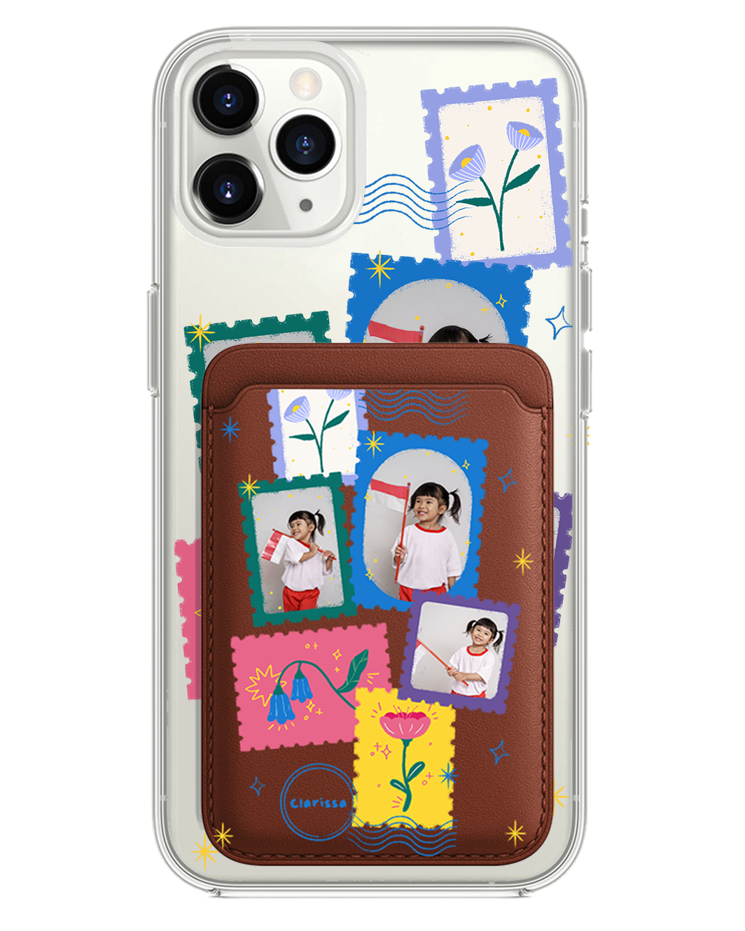 iPhone Magnetic Wallet Case - Floral Stamps Face Grid