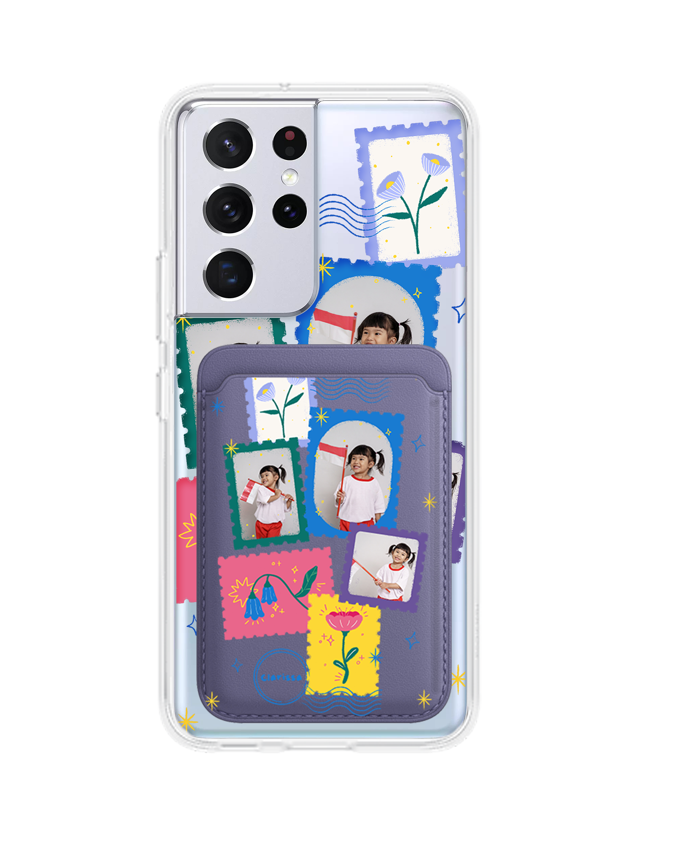 Android Magnetic Wallet Case - Floral Stamps Face Grid