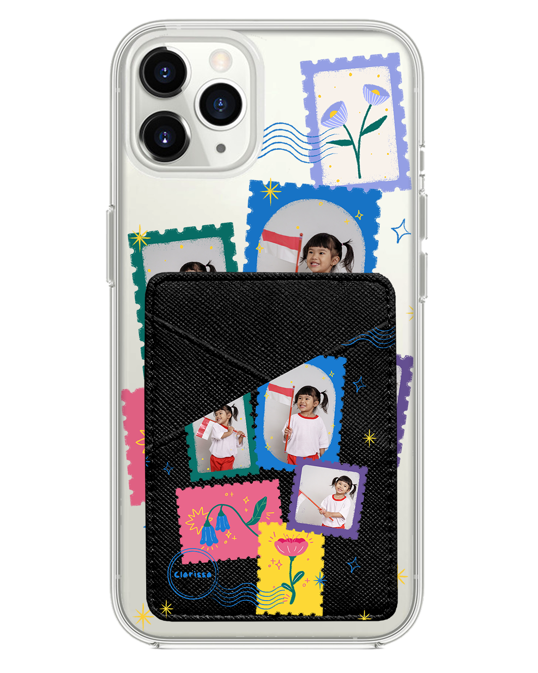 iPhone Phone Wallet Case - Floral Stamps Face Grid