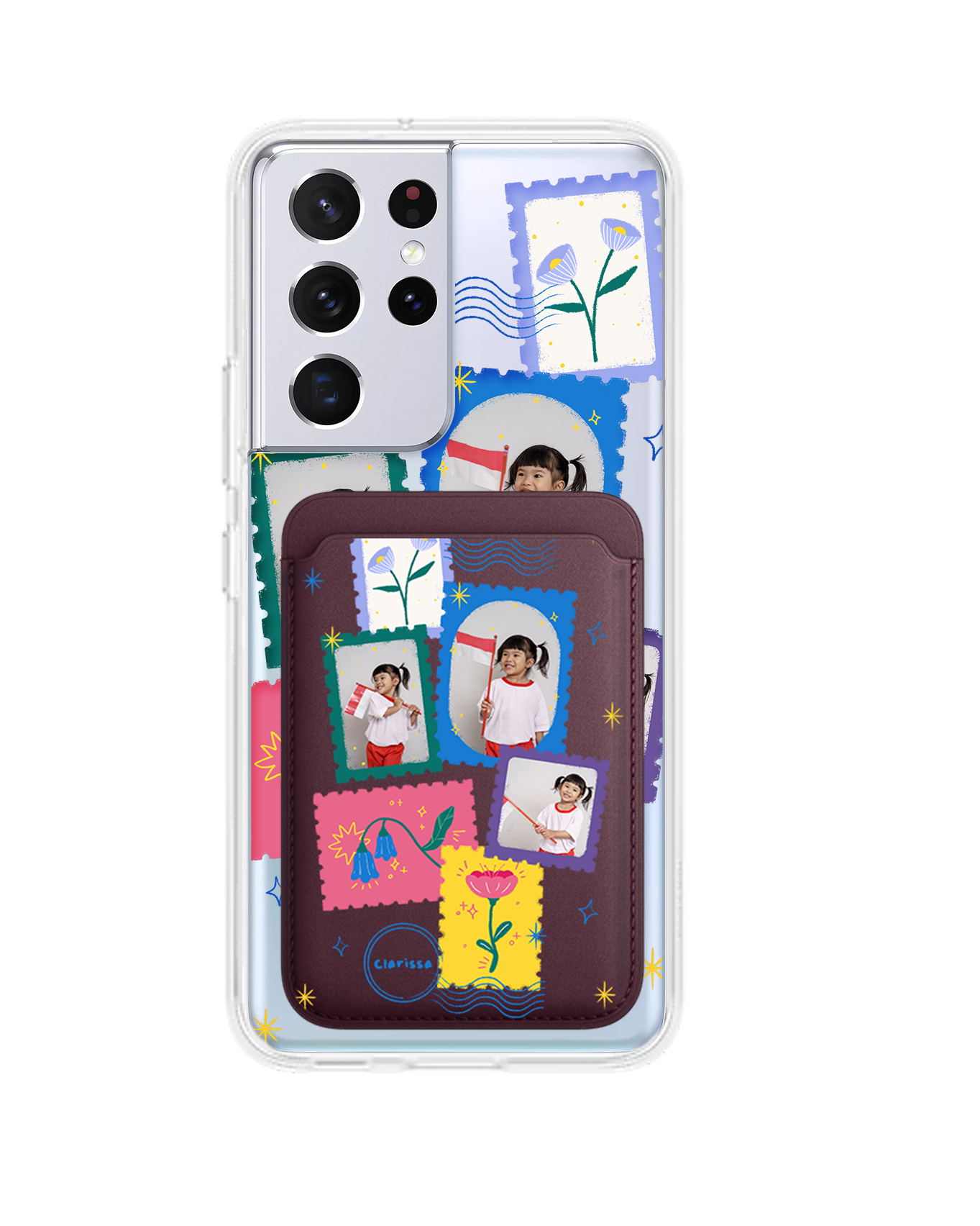 Android Magnetic Wallet Case - Floral Stamps Face Grid