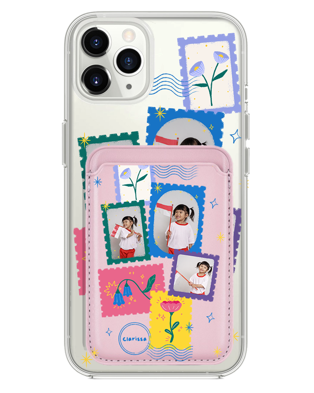 iPhone Magnetic Wallet Case - Floral Stamps Face Grid