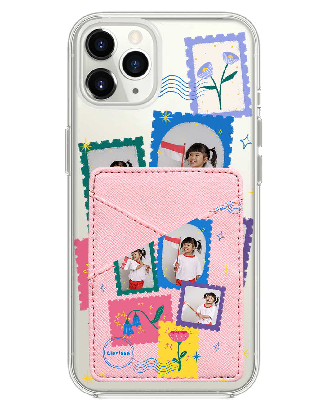 iPhone Phone Wallet Case - Floral Stamps Face Grid