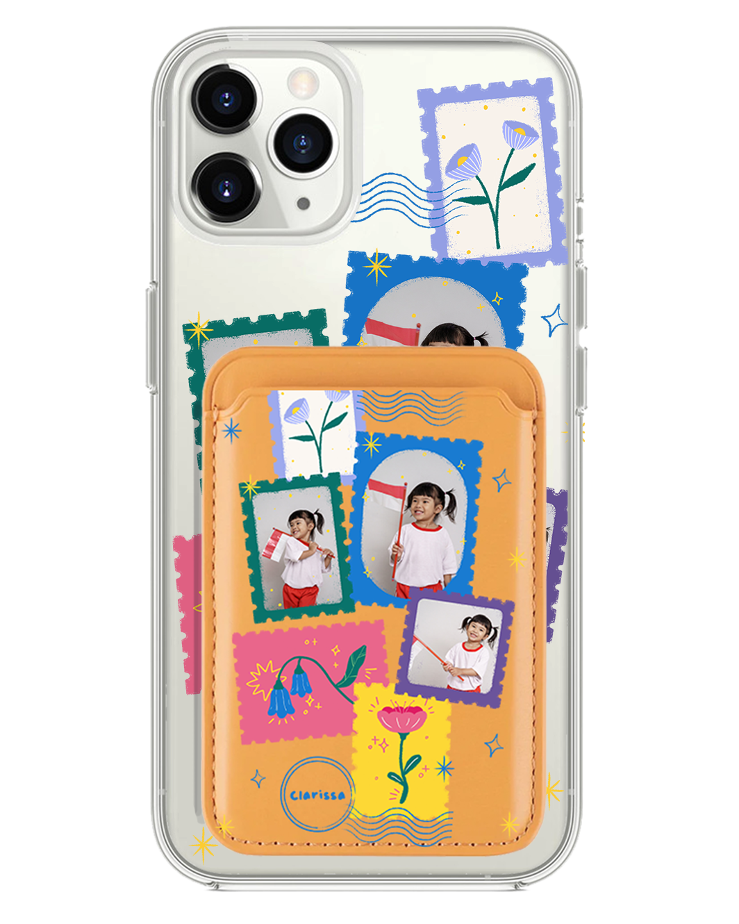 iPhone Magnetic Wallet Case - Floral Stamps Face Grid