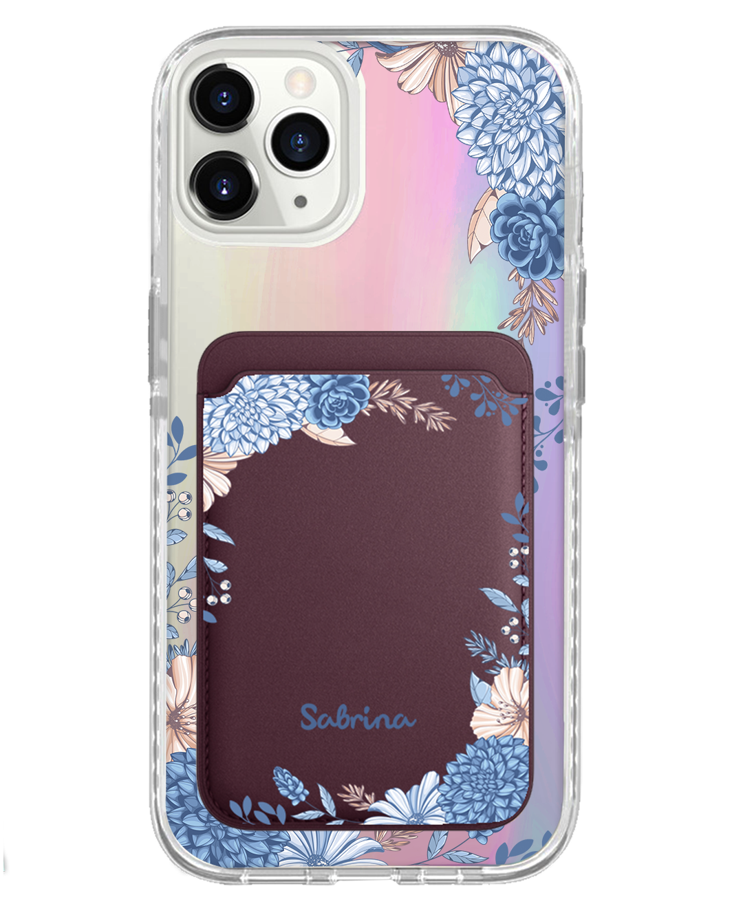 iPhone Magnetic Wallet Holo Case - Blue Florals