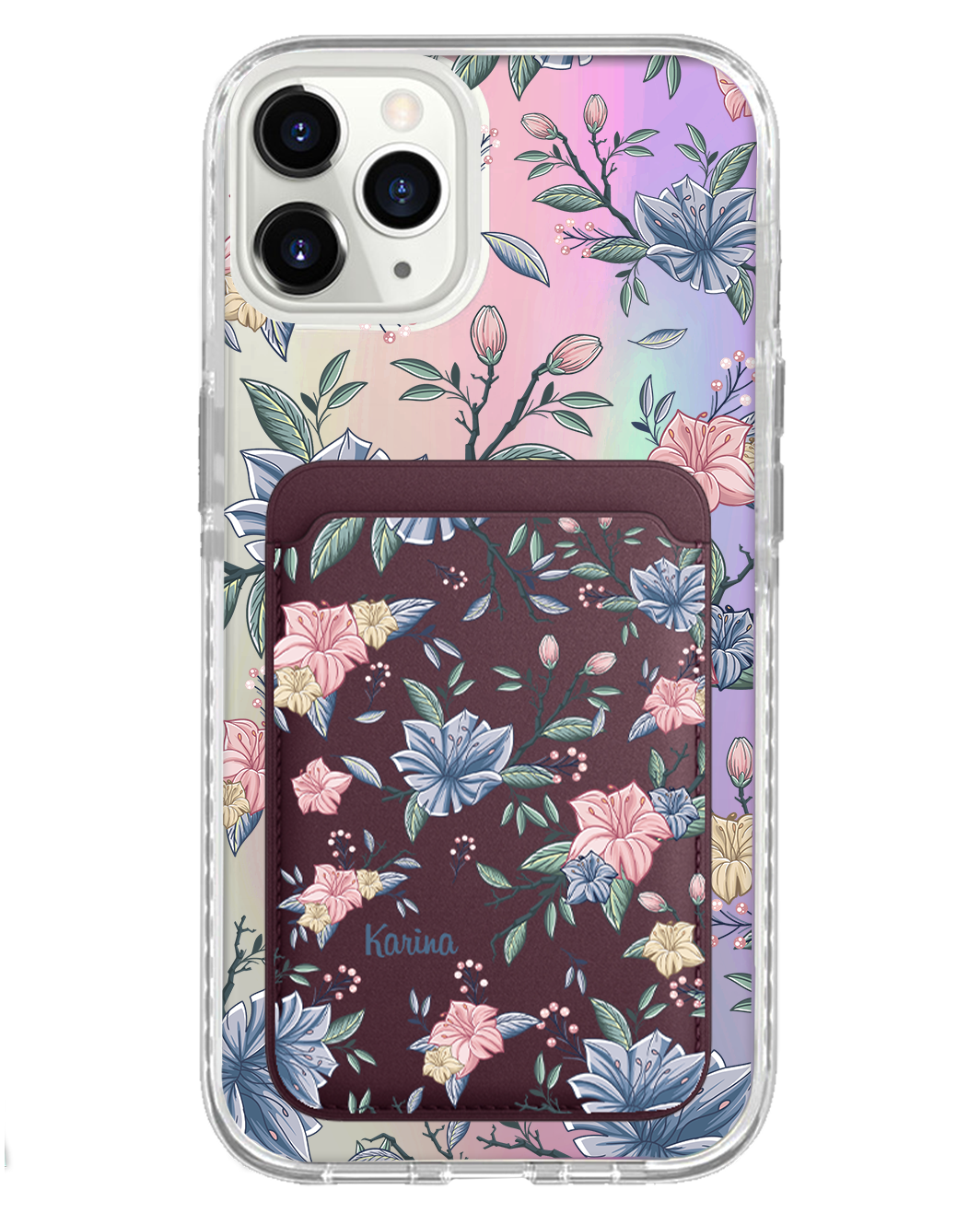 iPhone Magnetic Wallet Holo Case - Pink & Blue Florals