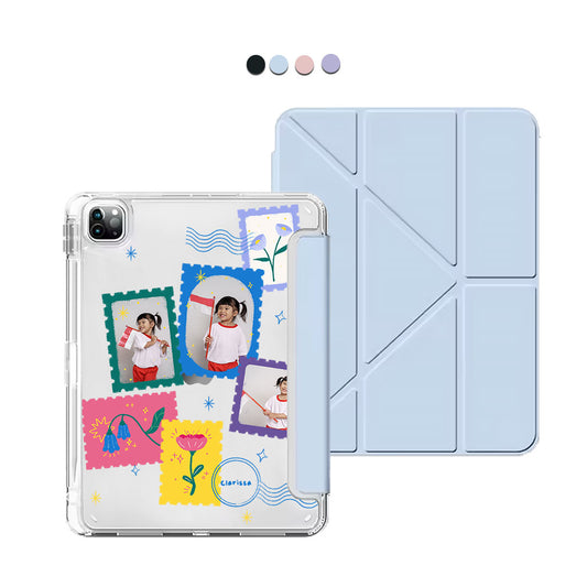 iPad / Android Tab Y-Fold Flip Cover - Face Grid Floral Stamps