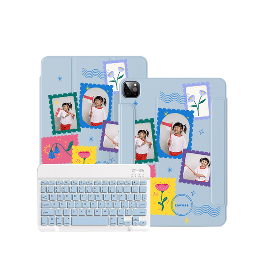 iPad / Android Tab Wireless Keyboard Flipcover - Face Grid Floral Stamps