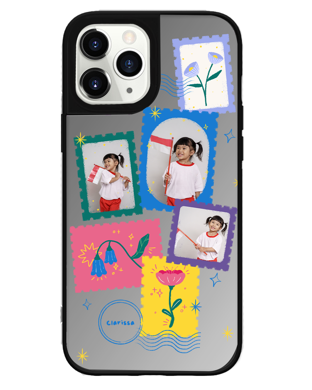 iPhone Mirror Grip Case - Face Grid Floral Stamps