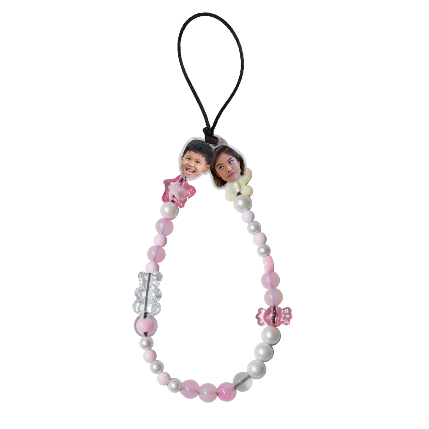 Beaded Strap with Acrylic Charm - Face Grid Pearl Pink