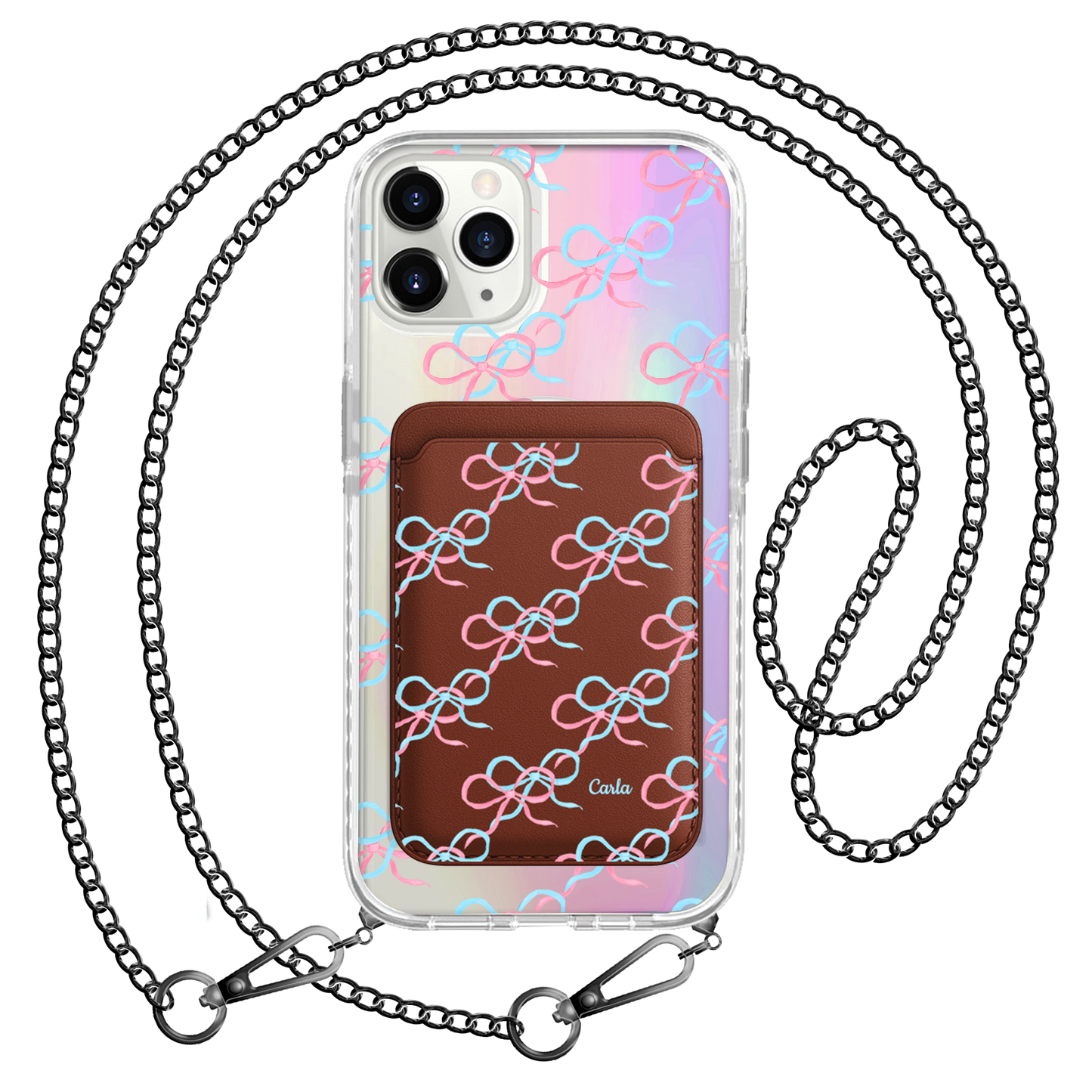 iPhone Magnetic Wallet Holo Case - Coquette Pink & Blue Bow