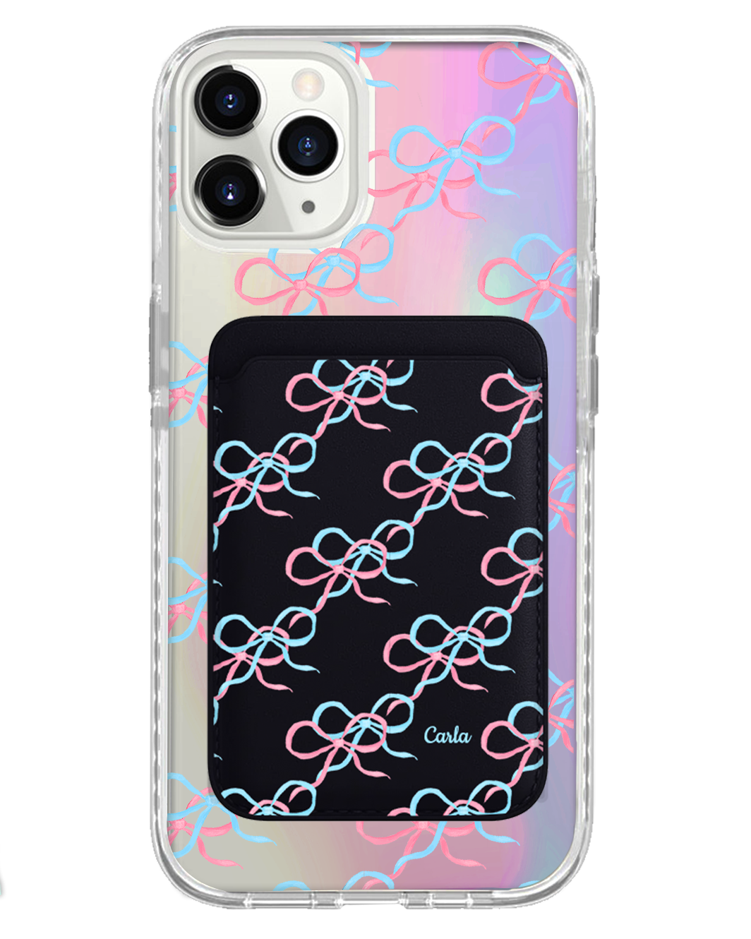 iPhone Magnetic Wallet Holo Case - Coquette Pink & Blue Bow