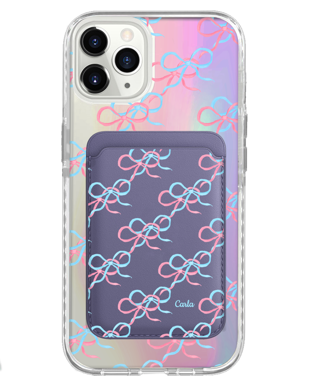 iPhone Magnetic Wallet Holo Case - Coquette Pink & Blue Bow