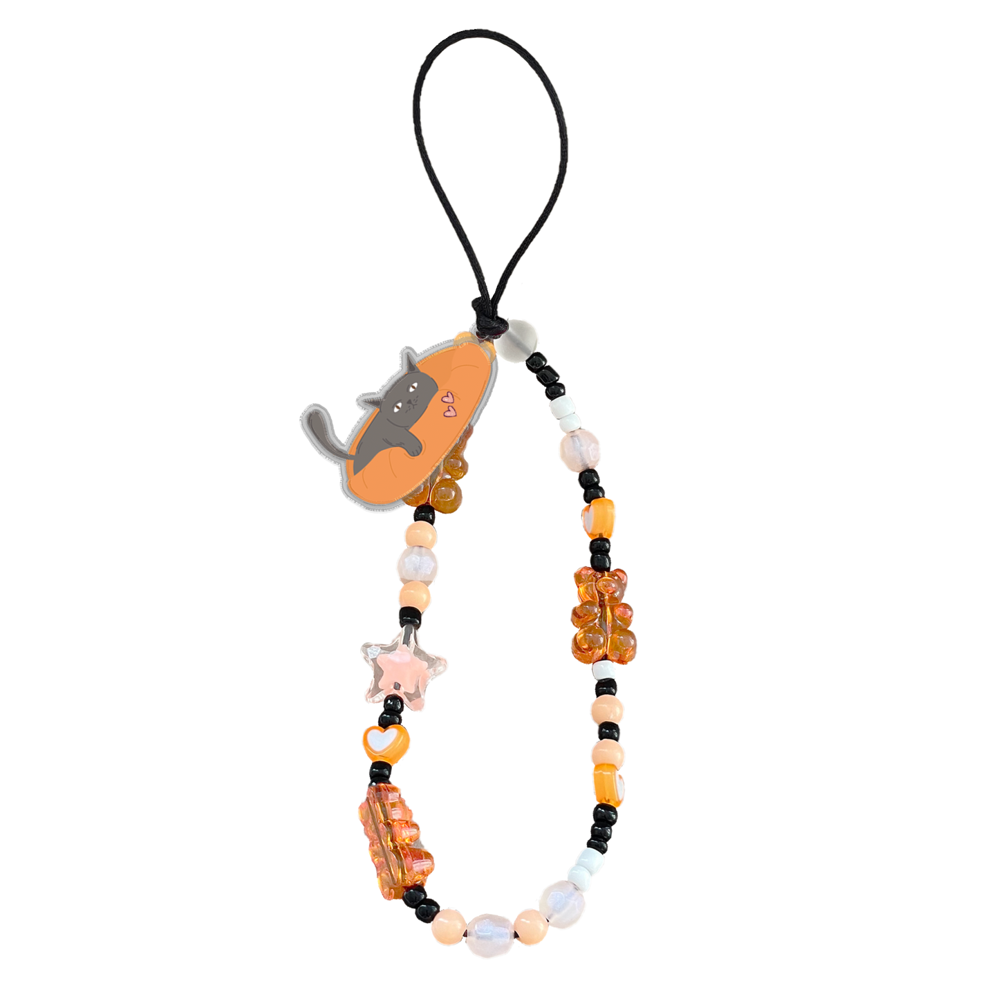 Beaded Strap with Acrylic Charm  - Playful Cat